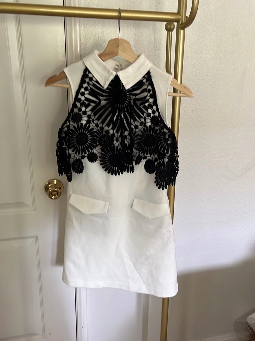 Self-Portrait White Dress with Black Floral Lace Overlay